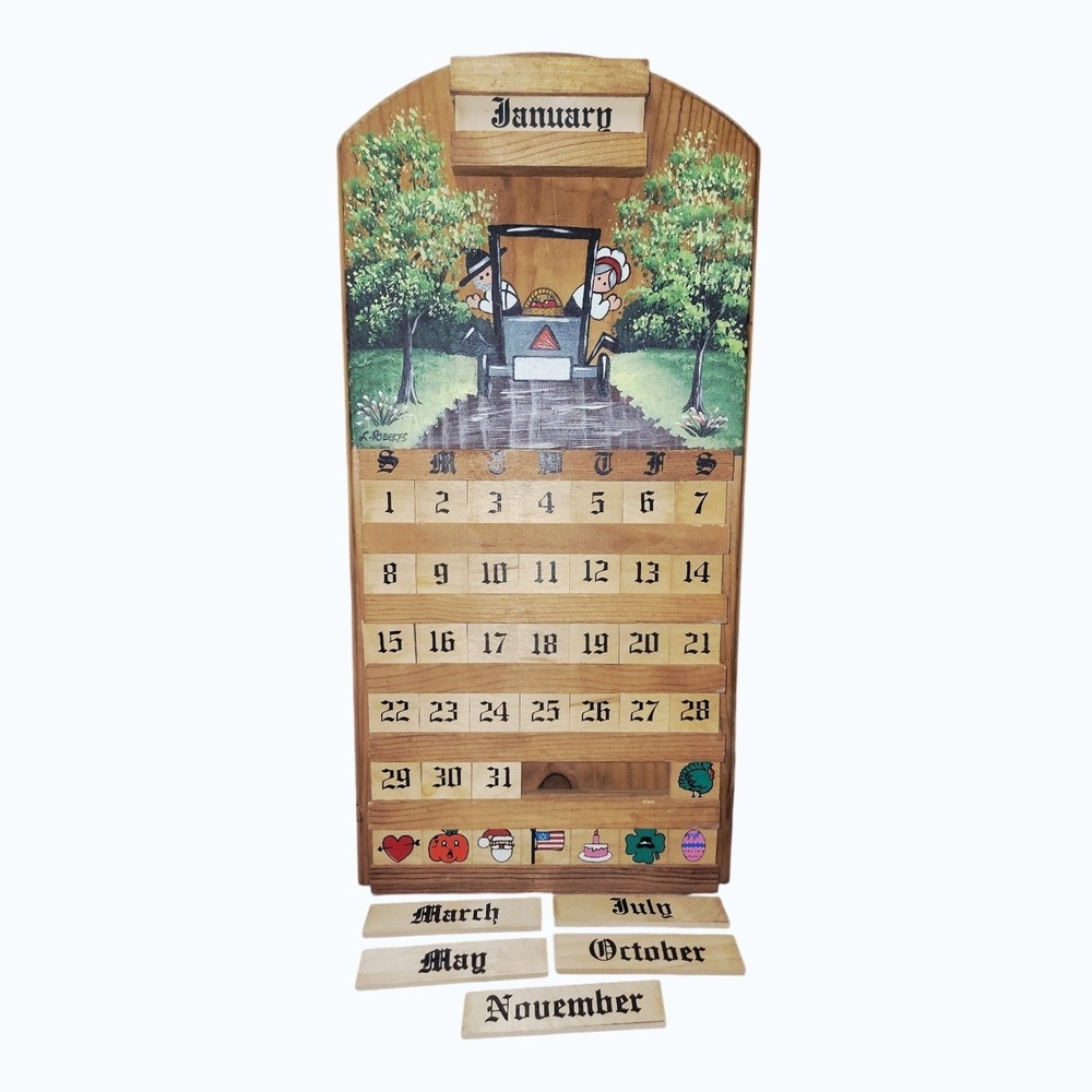 Vintage Amish-Themed Wooden Perpetual Calendar Hand Painted Folk Art 23x11 - Picture 2 of 6
